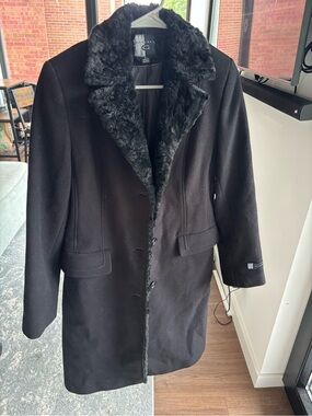 Gallery Black Women's Pea Coat with Faux Fur Collar
